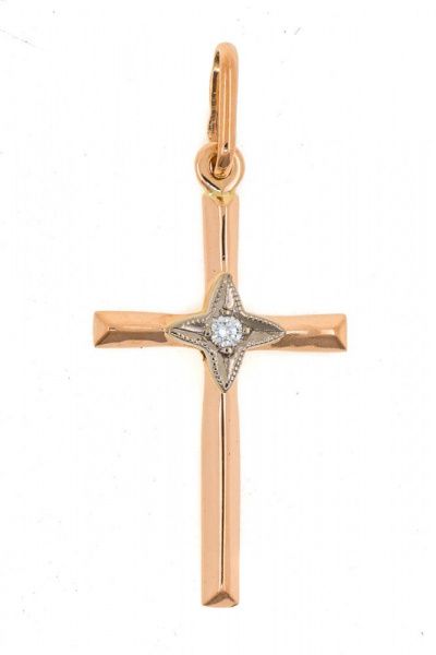 Крест из красного золота 585 пробы 1,24 гр. с бриллиантами б/у