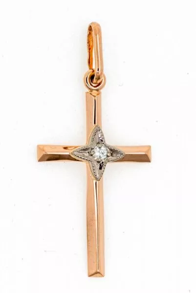 Крест из красного золота 585 пробы 1,26 гр. с бриллиантом б/у